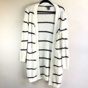Lagenlook chunky knit open front cardigan with pockets cream with black stripes